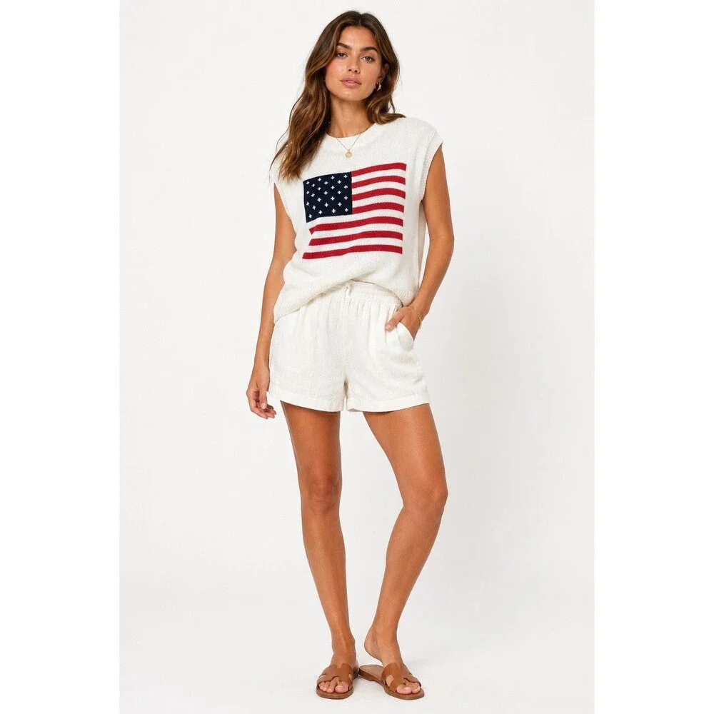 American Flag Sweater Vest Women Small White Knit Patriotic USA Cottagecore